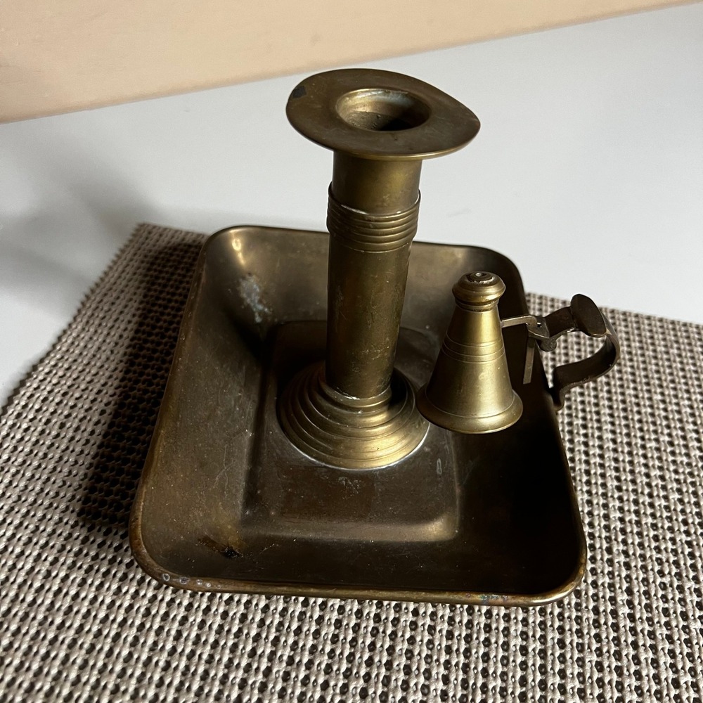 Vintage Brass Chamberstick Candle Holder with Snuffer Rectangular Tray Handle